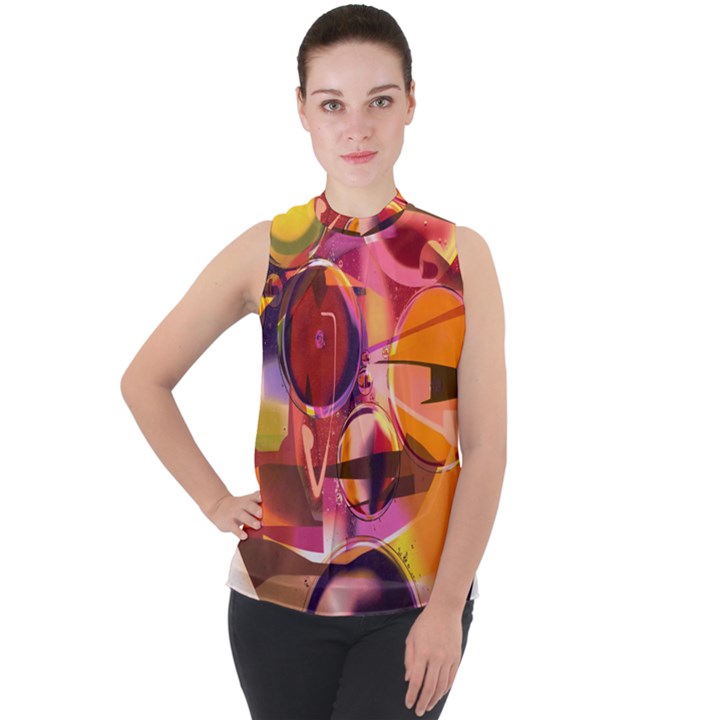 Fractured Colours Mock Neck Chiffon Sleeveless Top