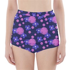 Pink And Blue Flowers High-waisted Bikini Bottoms by bloomingvinedesign