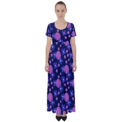 Pink And Blue Flowers High Waist Short Sleeve Maxi Dress by bloomingvinedesign