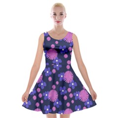 Pink And Blue Flowers Velvet Skater Dress by bloomingvinedesign