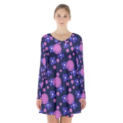 Pink And Blue Flowers Long Sleeve Velvet V-neck Dress