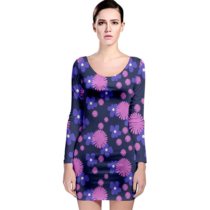 Pink and Blue Flowers Long Sleeve Bodycon Dress