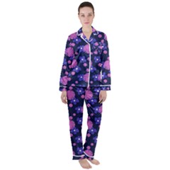 Pink And Blue Flowers Satin Long Sleeve Pyjamas Set by bloomingvinedesign