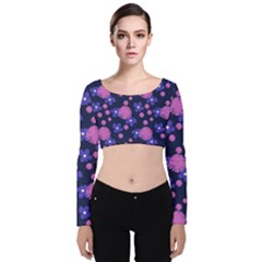 Pink And Blue Flowers Velvet Long Sleeve Crop Top by bloomingvinedesign