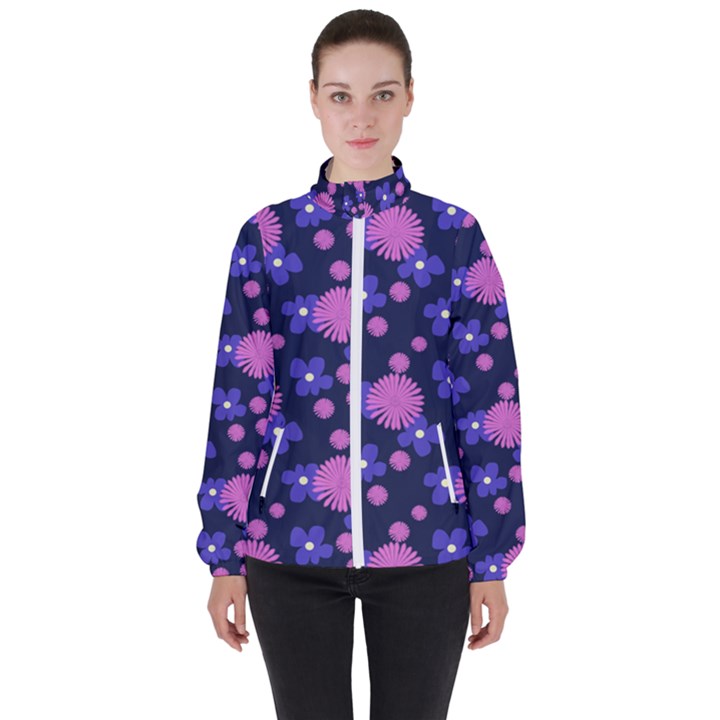 Pink and Blue Flowers Women s High Neck Windbreaker