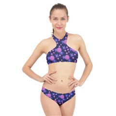 Pink And Blue Flowers High Neck Bikini Set by bloomingvinedesign