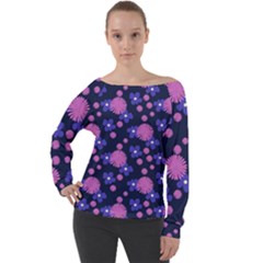 Pink And Blue Flowers Off Shoulder Long Sleeve Velour Top by bloomingvinedesign