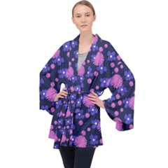 Pink And Blue Flowers Long Sleeve Velvet Kimono  by bloomingvinedesign