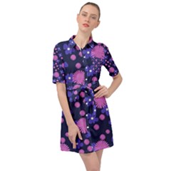 Pink And Blue Flowers Belted Shirt Dress by bloomingvinedesign