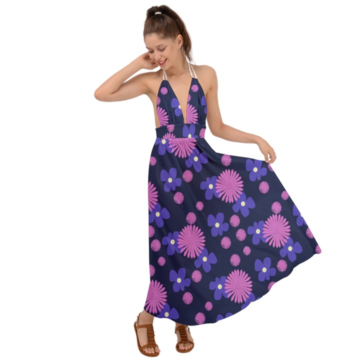 Pink and Blue Flowers Backless Maxi Beach Dress