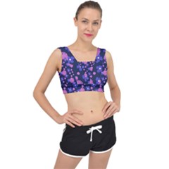 Pink And Blue Flowers V-back Sports Bra by bloomingvinedesign