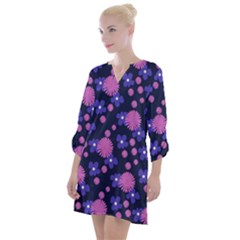 Pink And Blue Flowers Open Neck Shift Dress