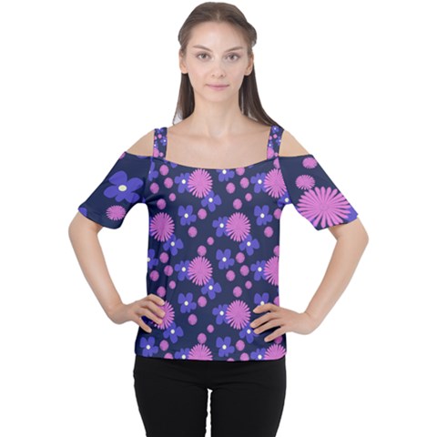 Pink And Blue Flowers Cutout Shoulder Tee by bloomingvinedesign