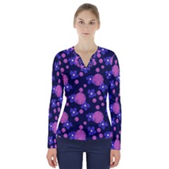 Pink And Blue Flowers V-neck Long Sleeve Top by bloomingvinedesign