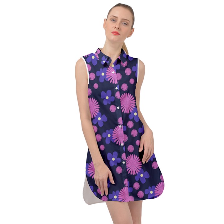 Pink and Blue Flowers Sleeveless Shirt Dress