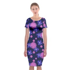 Pink And Blue Flowers Classic Short Sleeve Midi Dress