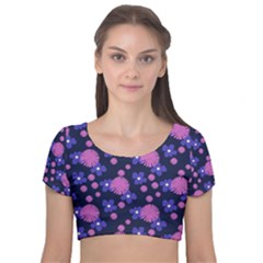 Pink And Blue Flowers Velvet Short Sleeve Crop Top  by bloomingvinedesign