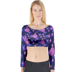 Pink And Blue Flowers Long Sleeve Crop Top by bloomingvinedesign