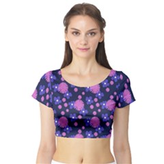 Pink And Blue Flowers Short Sleeve Crop Top by bloomingvinedesign