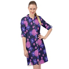 Pink And Blue Flowers Long Sleeve Mini Shirt Dress by bloomingvinedesign