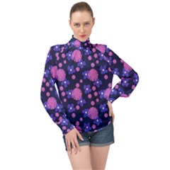 Pink And Blue Flowers High Neck Long Sleeve Chiffon Top by bloomingvinedesign