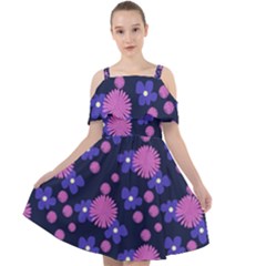 Pink And Blue Flowers Cut Out Shoulders Chiffon Dress