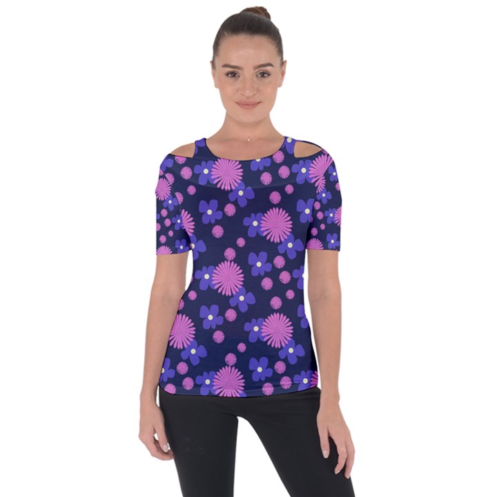 Pink and Blue Flowers Shoulder Cut Out Short Sleeve Top