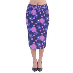 Pink And Blue Flowers Velvet Midi Pencil Skirt by bloomingvinedesign