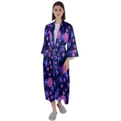 Pink And Blue Flowers Maxi Satin Kimono