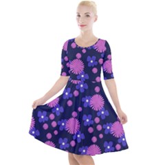 Pink And Blue Flowers Quarter Sleeve A-line Dress by bloomingvinedesign