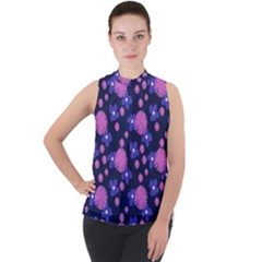 Pink And Blue Flowers Mock Neck Chiffon Sleeveless Top by bloomingvinedesign