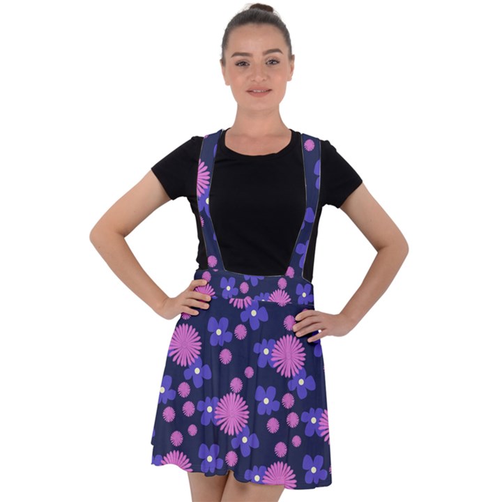 Pink and Blue Flowers Velvet Suspender Skater Skirt