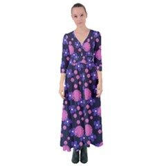 Pink And Blue Flowers Button Up Maxi Dress by bloomingvinedesign