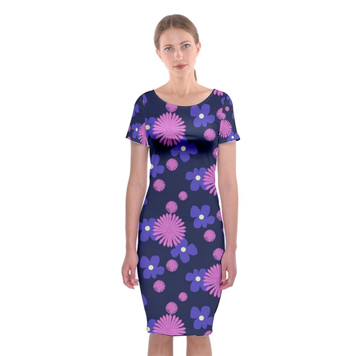 Pink and Blue Flowers Classic Short Sleeve Midi Dress