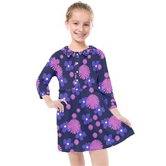 Pink And Blue Flowers Kids  Quarter Sleeve Shirt Dress by bloomingvinedesign