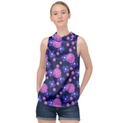 Pink And Blue Flowers High Neck Satin Top by bloomingvinedesign