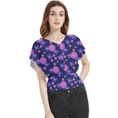 Pink And Blue Flowers Butterfly Chiffon Blouse