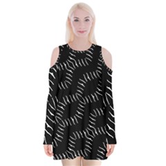 Black And White Geo Print Velvet Long Sleeve Shoulder Cutout Dress by dflcprintsclothing