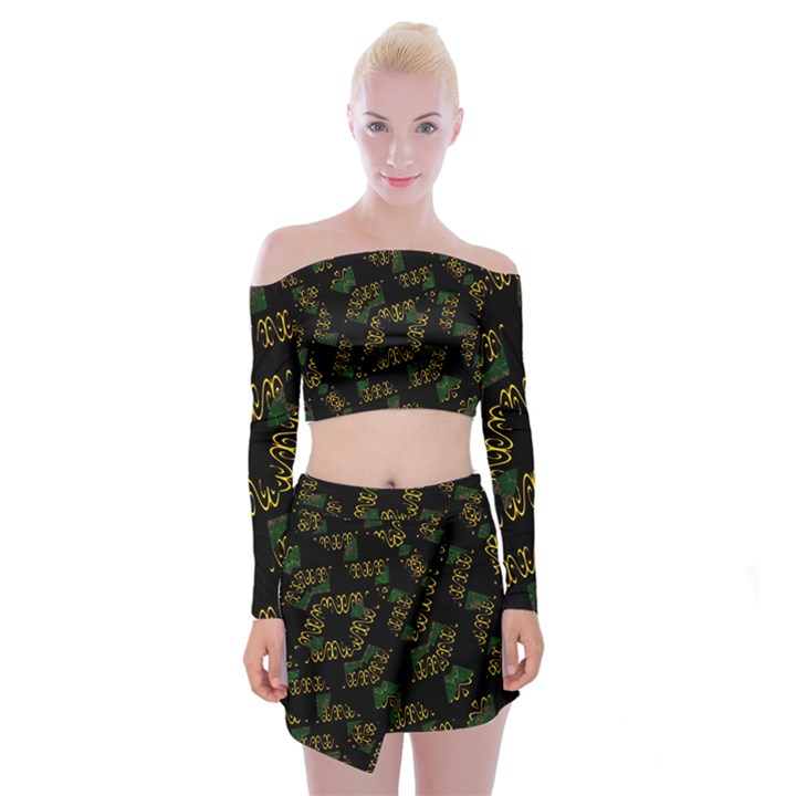 Modern Geometric Print Off Shoulder Top with Mini Skirt Set