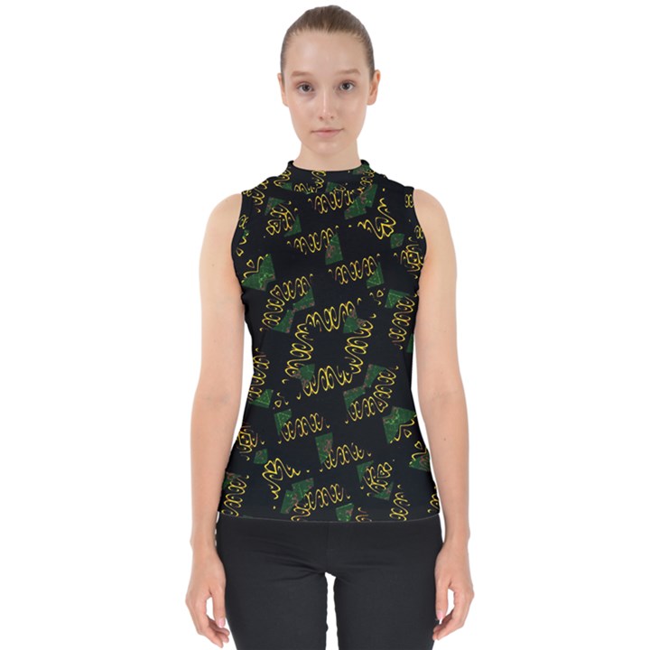 Modern Geometric Print Mock Neck Shell Top