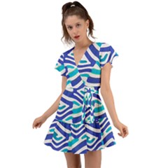 Colored Abstract Print1 Flutter Sleeve Wrap Dress