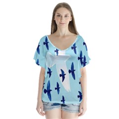 Illustrations Birds Flying V-neck Flutter Sleeve Top