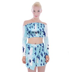 Illustrations Birds Flying Off Shoulder Top With Mini Skirt Set