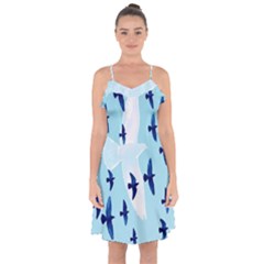 Illustrations Birds Flying Ruffle Detail Chiffon Dress