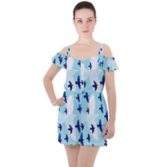 Illustrations Birds Flying Ruffle Cut Out Chiffon Playsuit