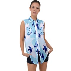 Illustrations Birds Flying Sleeveless Chiffon Button Shirt