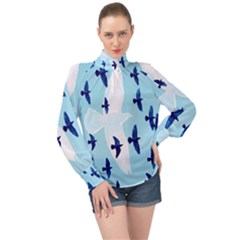 Illustrations Birds Flying High Neck Long Sleeve Chiffon Top