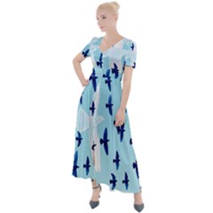 Illustrations Birds Flying Button Up Short Sleeve Maxi Dress