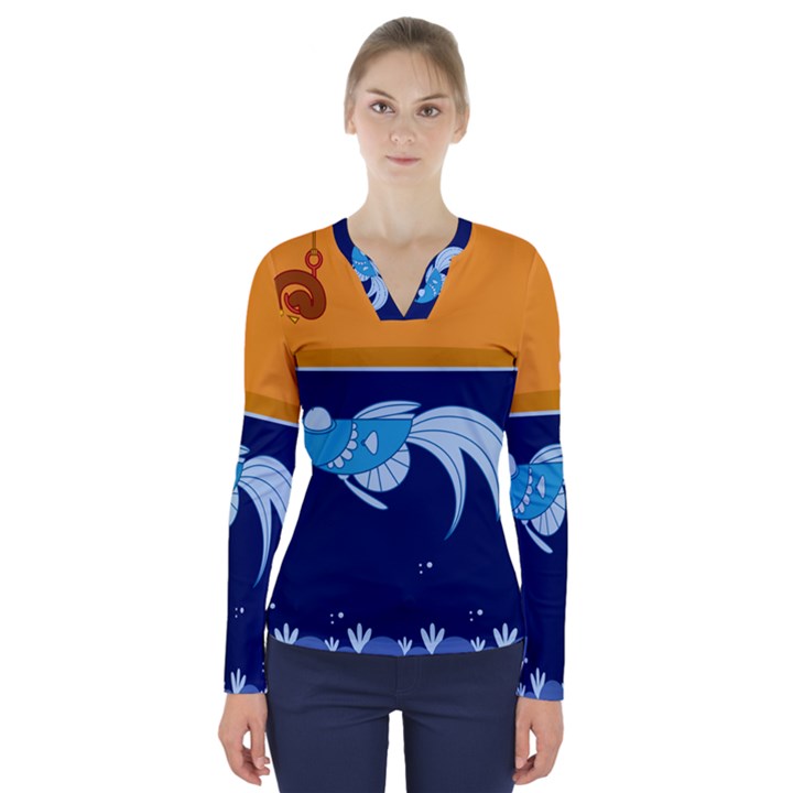 Fish Water Fisherman V-Neck Long Sleeve Top