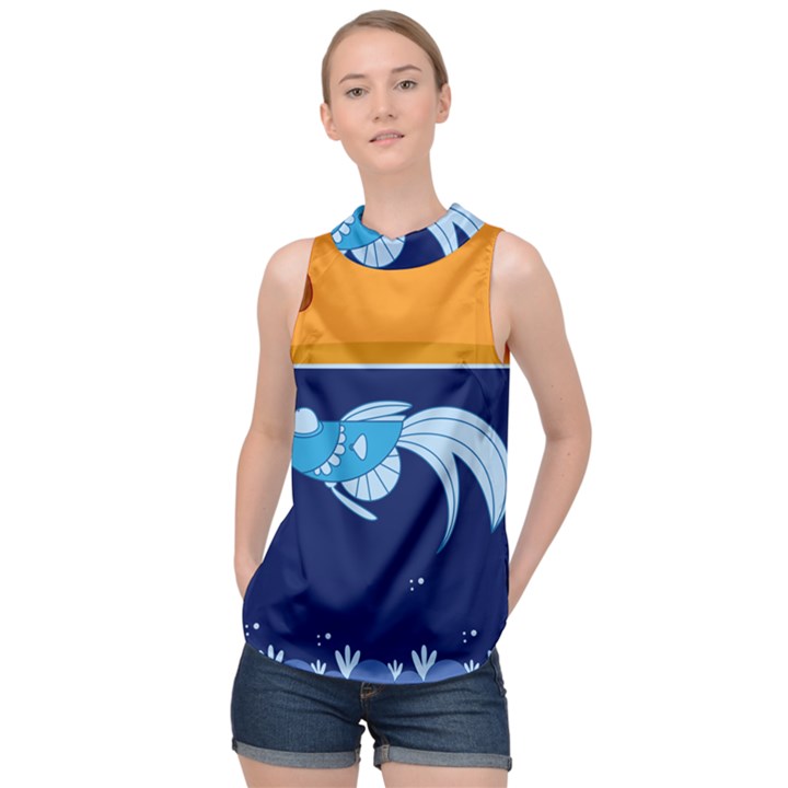 Fish Water Fisherman High Neck Satin Top